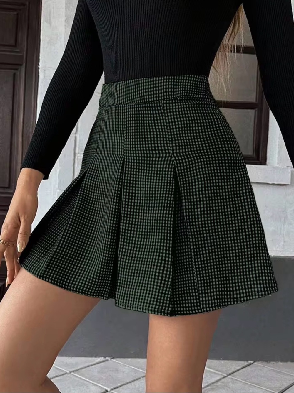 High-Waist Pleated Mini Skirt in Dark Green Gingham